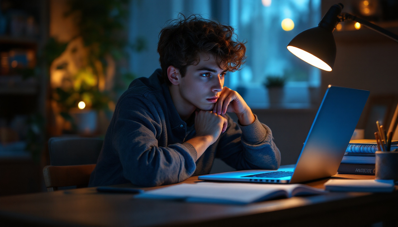Student doing homework late at night with an AI tool, illustrating the 24% of kids who would ask AI before a trusted adult